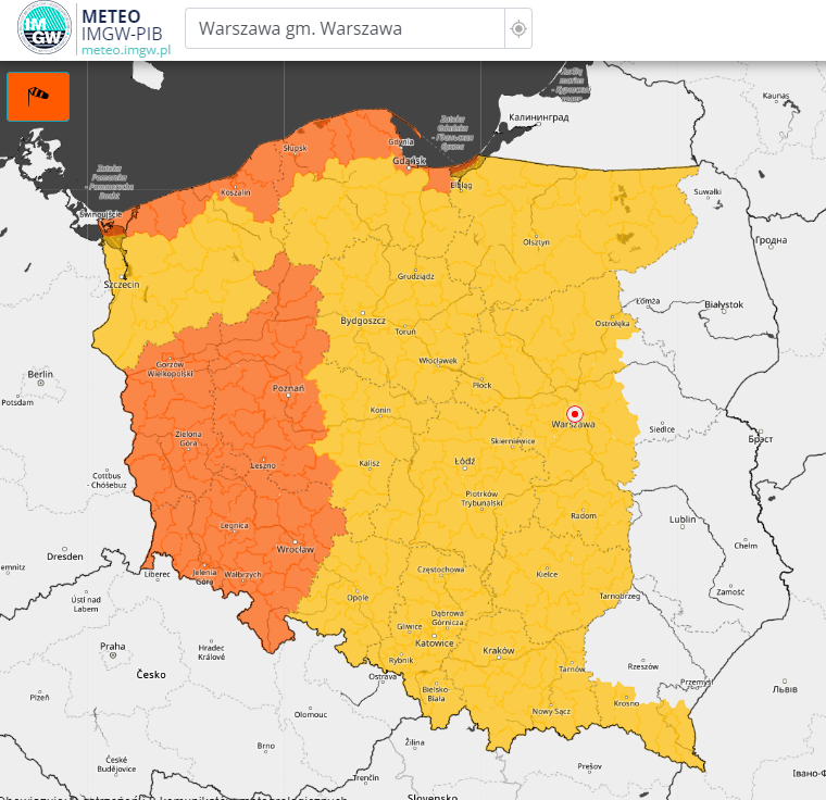 Ostrzeżenia meteorologiczne IMGW-PIB przed silnym wiatrem 1 i 2 stopnia na dzisiejszy wieczór i noc