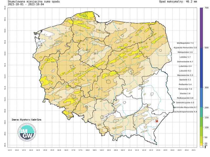 Suma skumulowanego opadu od początku października 2023.