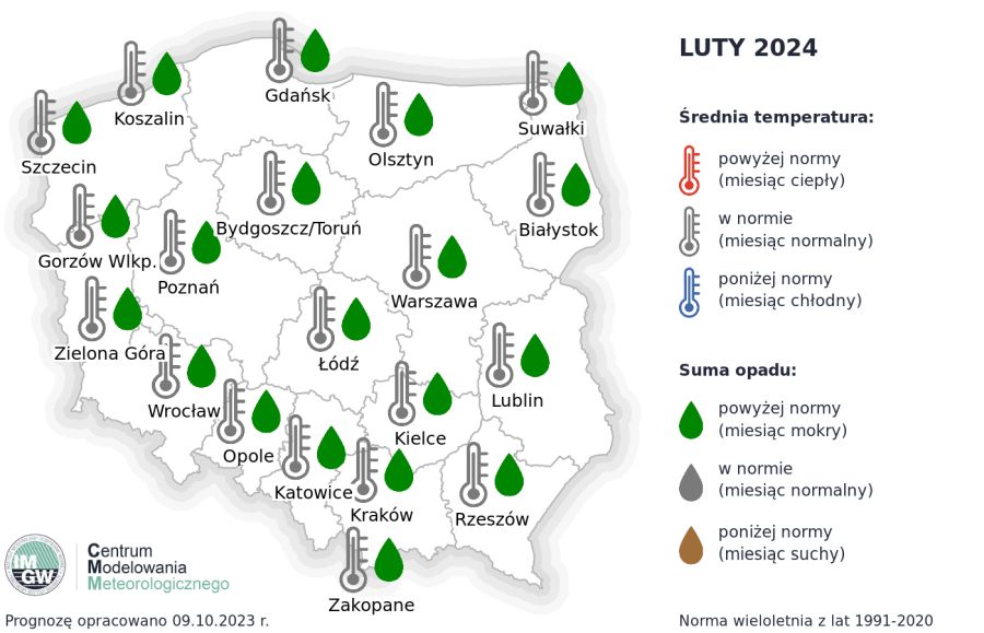 Rys. 4. Prognoza średniej miesięcznej temperatury powietrza i miesięcznej sumy opadów atmosferycznych na luty 2024 r. dla wybranych miast w Polsce