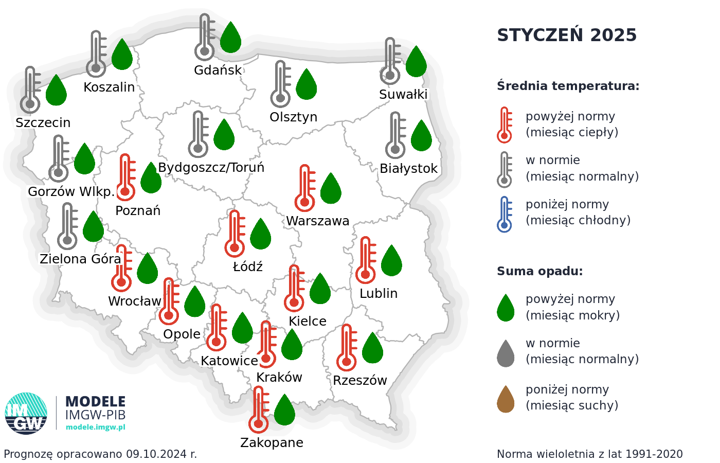 Prognoza średniej miesięcznej temperatury powietrza i miesięcznej sumy opadów atmosferycznych na styczeń 2025 r. dla wybranych miast w Polsce