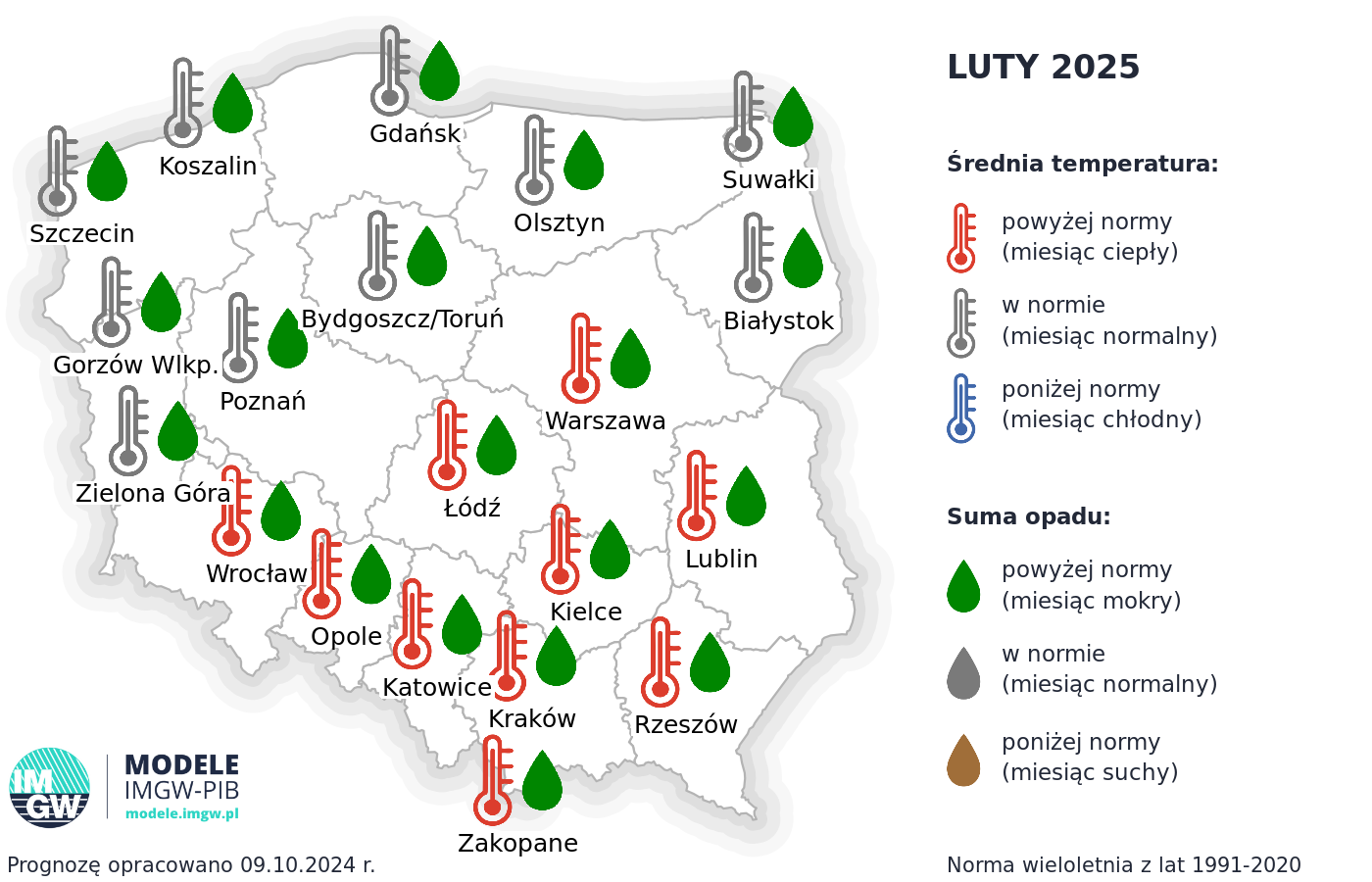 Prognoza średniej miesięcznej temperatury powietrza i miesięcznej sumy opadów atmosferycznych na luty 2025 r. dla wybranych miast w Polsce