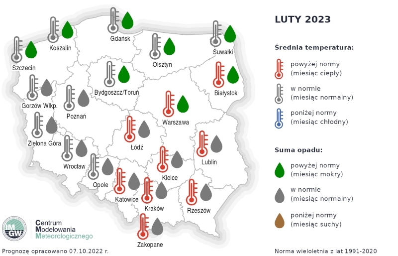 Rys. 4. Prognoza średniej miesięcznej temperatury powietrza i miesięcznej sumy opadów atmosferycznych na luty 2023 r. dla wybranych miast w Polsce