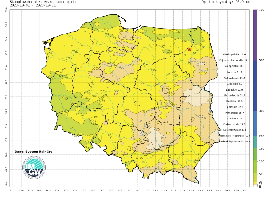 Suma skumulowanego opadu od początku października 2023.