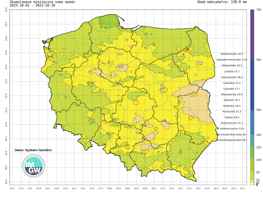 Suma skumulowanego opadu od początku października 2023.