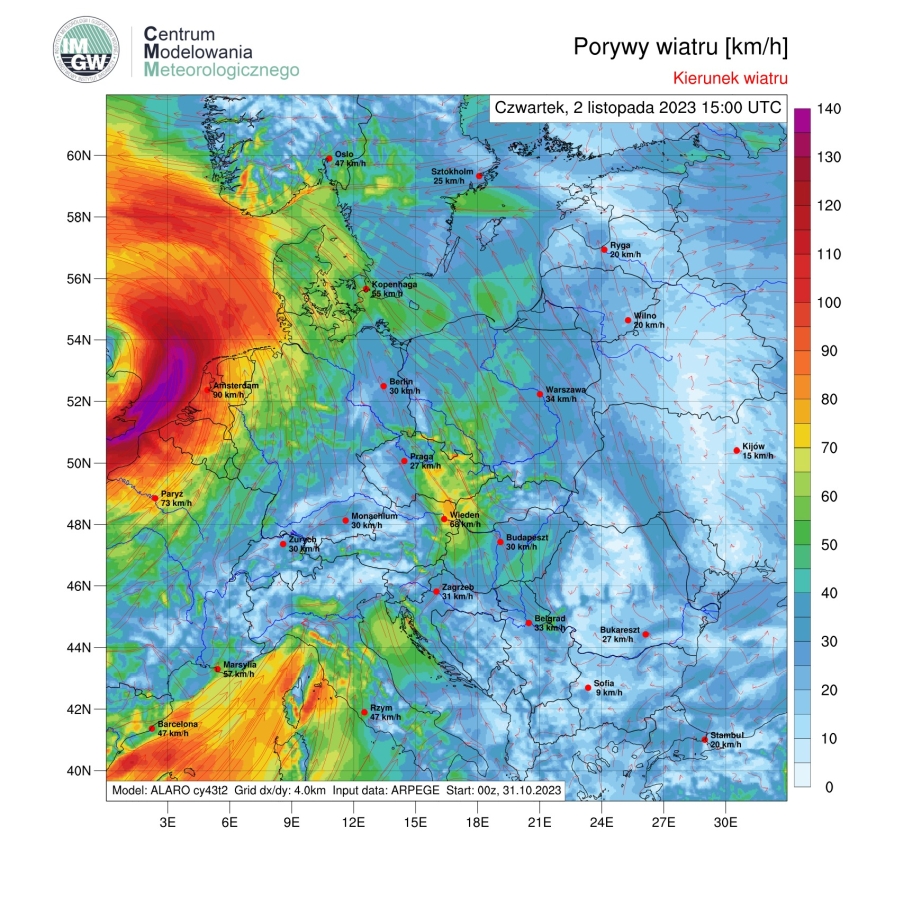 Porywy wiatru [km/h] 02.11.2023 r. godz. 16:00