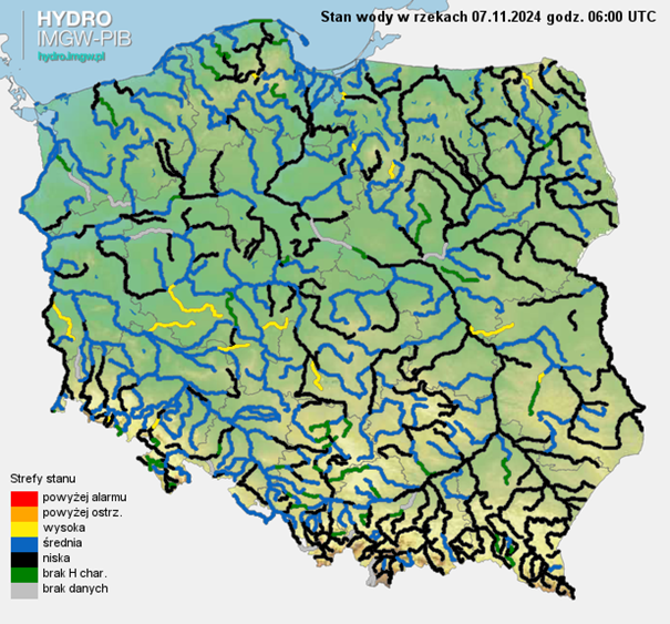 Stan wody na rzekach w Polsce 07.11.2024 r. godz. 8:00.