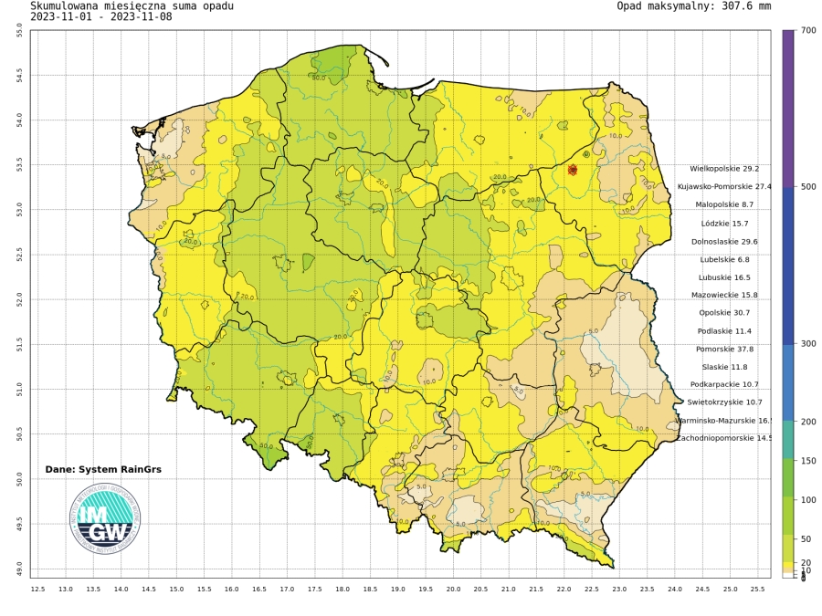 Suma skumulowanego opadu od początku listopada 2023.