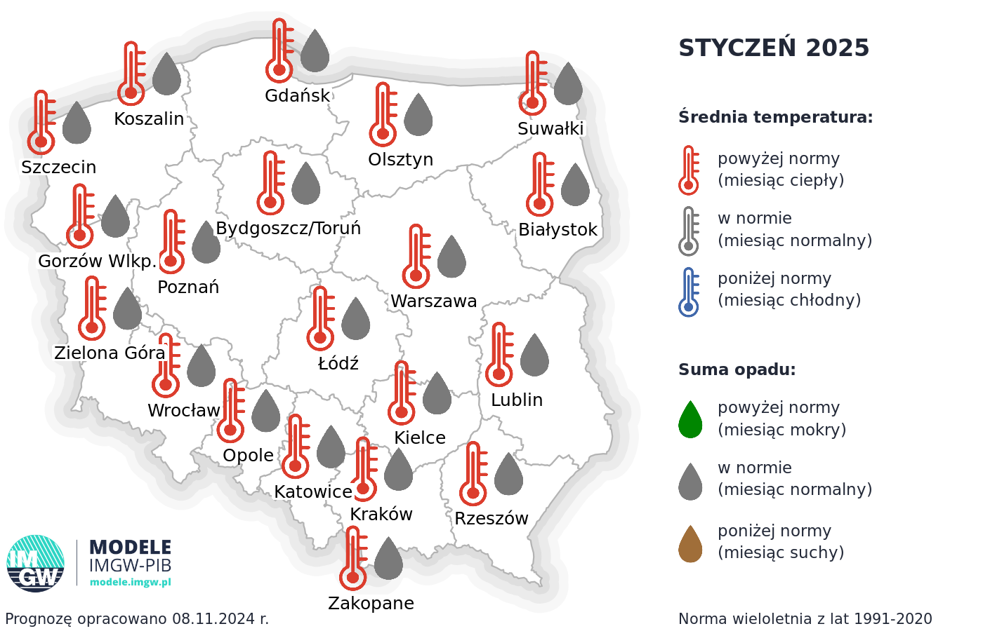 Rys.2. Prognoza średniej miesięcznej temperatury powietrza i miesięcznej sumy opadów atmosferycznych na styczeń 2025 r. dla wybranych miast w Polsce