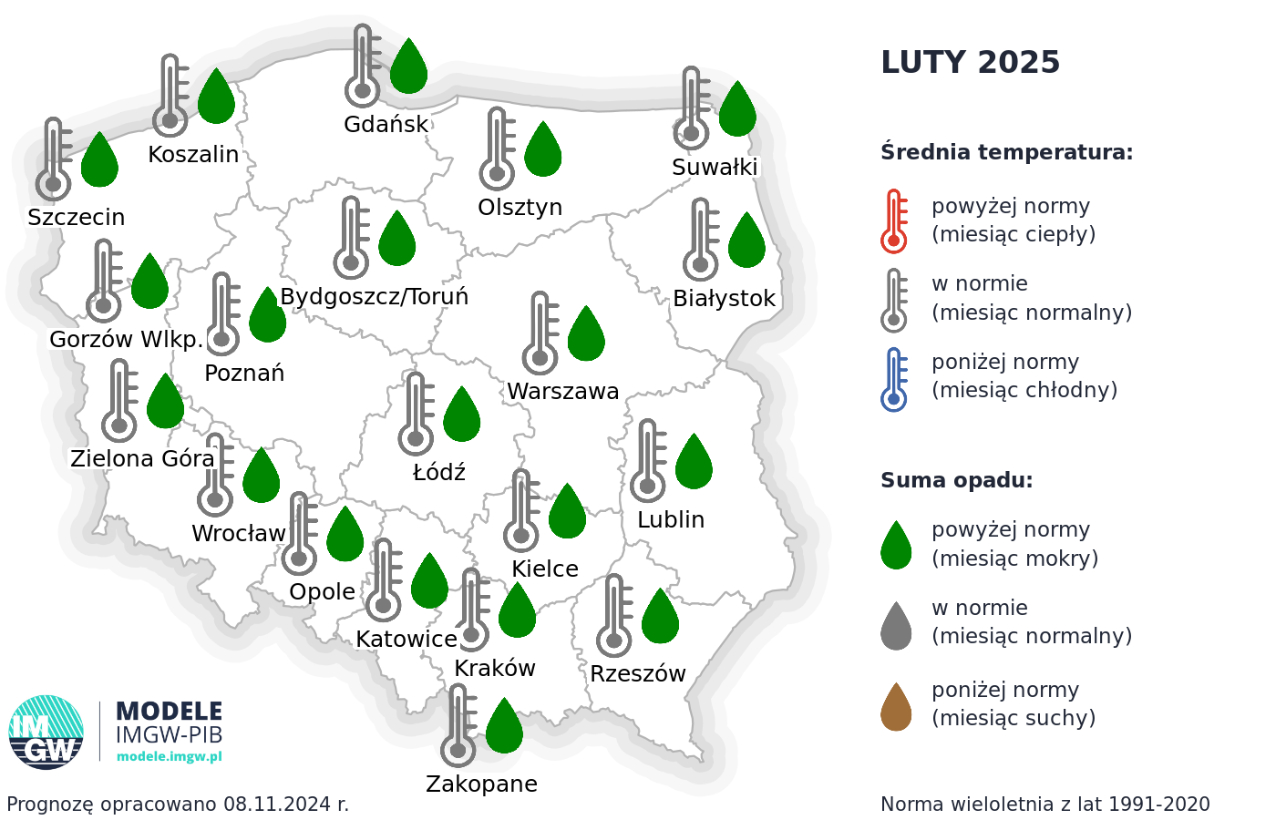 Rys. 3. Prognoza średniej miesięcznej temperatury powietrza i miesięcznej sumy opadów atmosferycznych na luty 2025 r. dla wybranych miast w Polsce