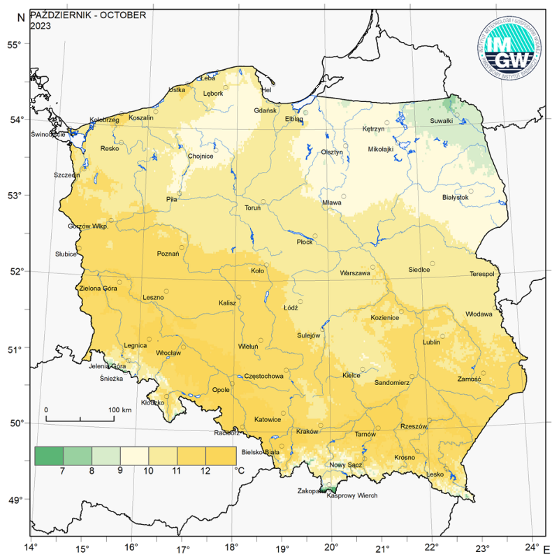 Przestrzenny rozkład średniej miesięcznej temperatury powietrza w październiku 2023 r.