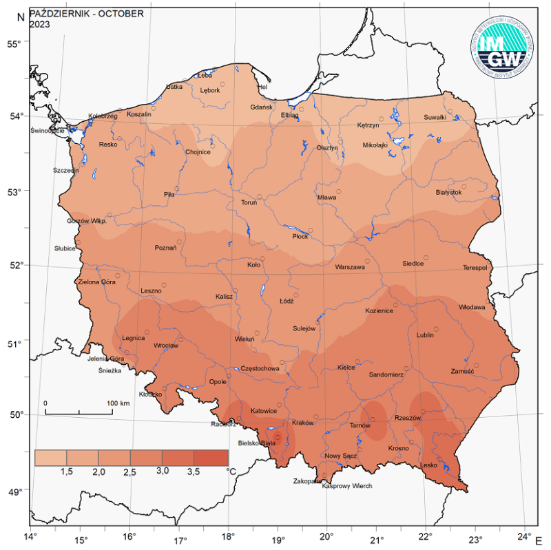 Przestrzenny rozkład anomalii średniej miesięcznej temperatury powietrza w październiku 2023 r. w stosunku do normy (tj. średniej miesięcznej wartości wieloletniej elementu w okresie 1991-2020).