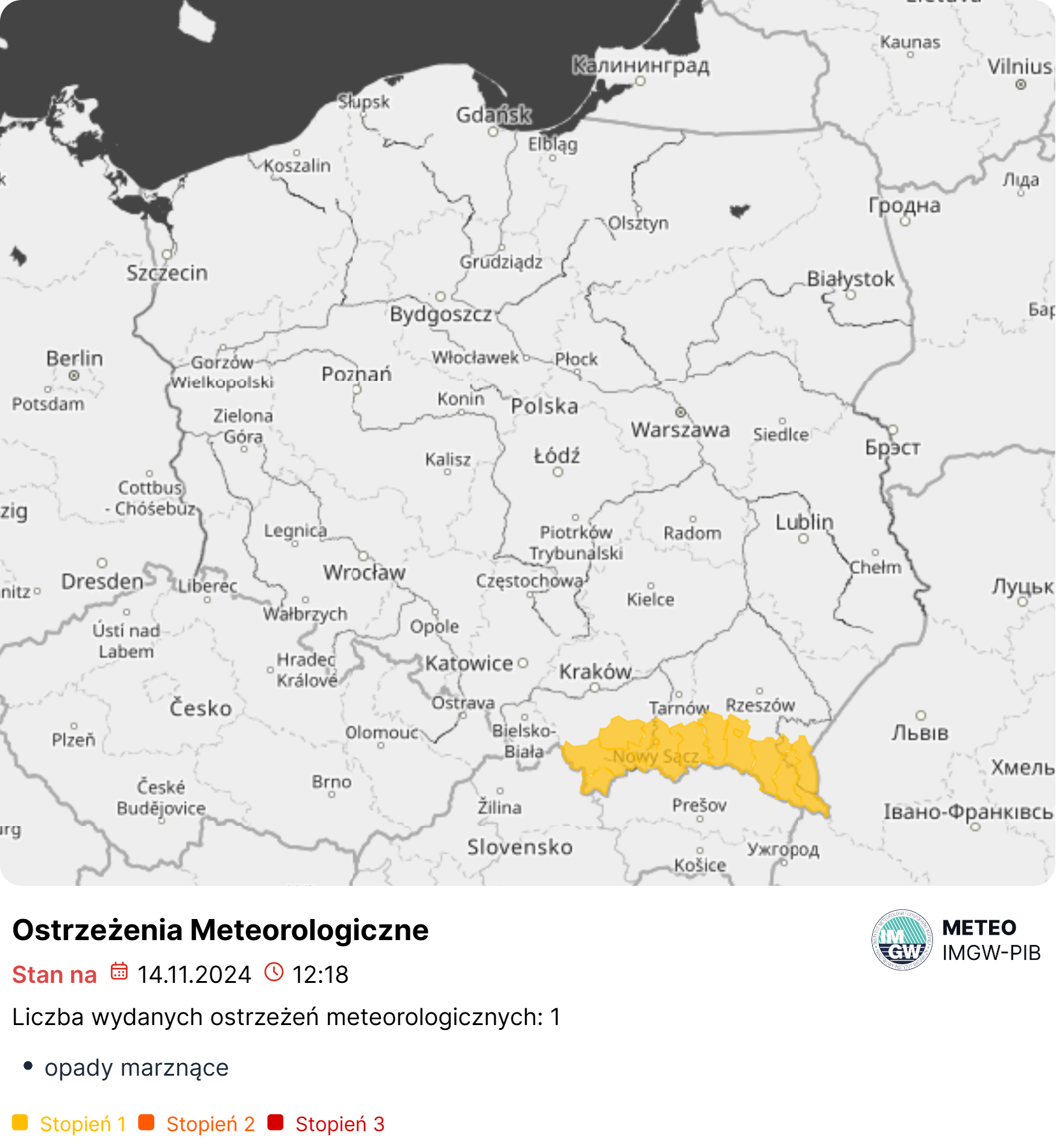 Ostrzeżenia meteorologiczne na dzień 14.11.2024 r.