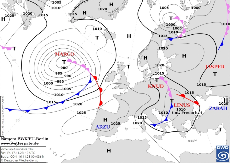 Prognozowana sytuacja synoptyczna na piątek 17.11.2023 r. na godz. 13:00. Źródło: DWD.