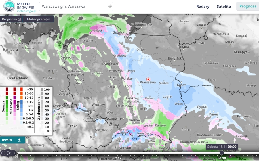 Prognoza opadów atmosferycznych w nocy z piątku na sobotę (17.18.11.2023 r.) wg modelu ALARO 4k. 