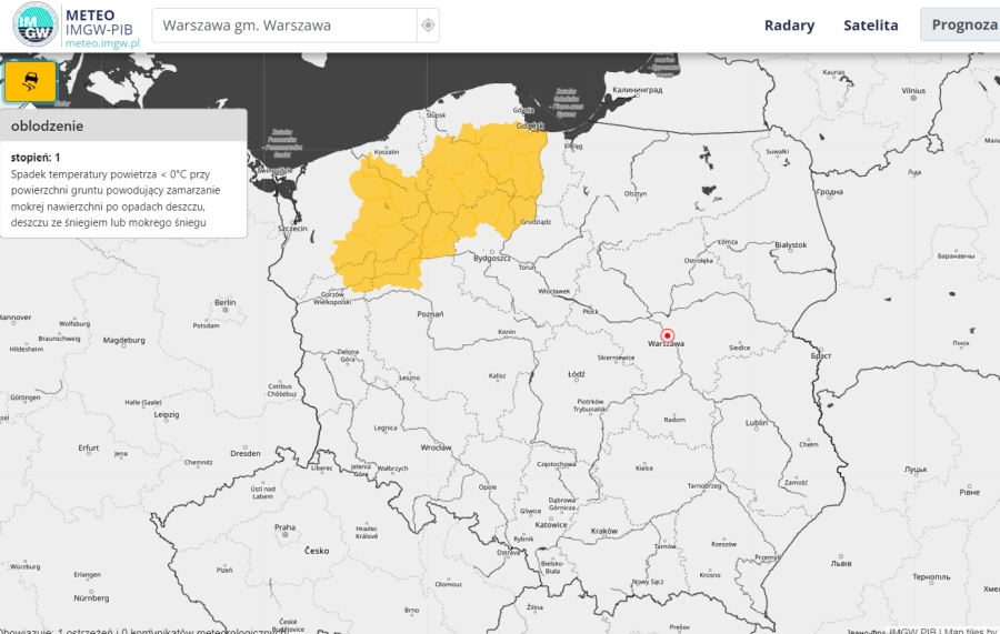 Aktualnie wydane ostrzeżenia meteorologiczne 1. stopnia przed oblodzeniem. Ostrzeżenia będą obowiązywać  od godz. 00:00 17.11.2023 r. do godz. 8:00 17.11.2023 r. | https://meteo.imgw.pl/dyn/?osmet=true 