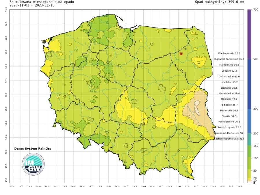 Suma skumulowanego opadu od początku listopada 2023.