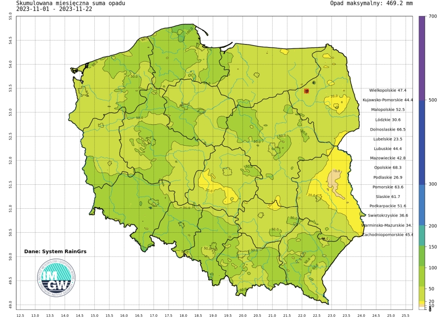 Suma skumulowanego opadu od początku listopada 2023.