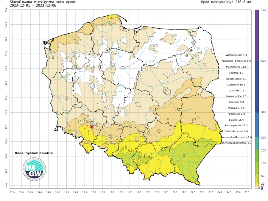 Suma skumulowanego opadu od początku grudnia 2023.