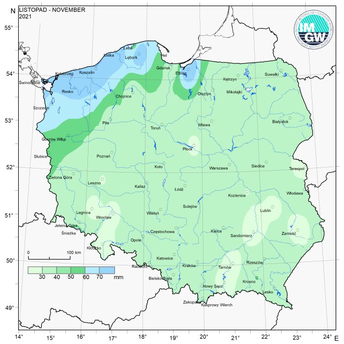 Przestrzenny rozkład miesięcznej sumy opadów w listopadzie 2021 r.