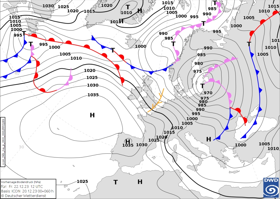 Prognozowana sytuacja baryczna w Europie w piątek (22 grudnia 2023 r.). Źródło: DWD
