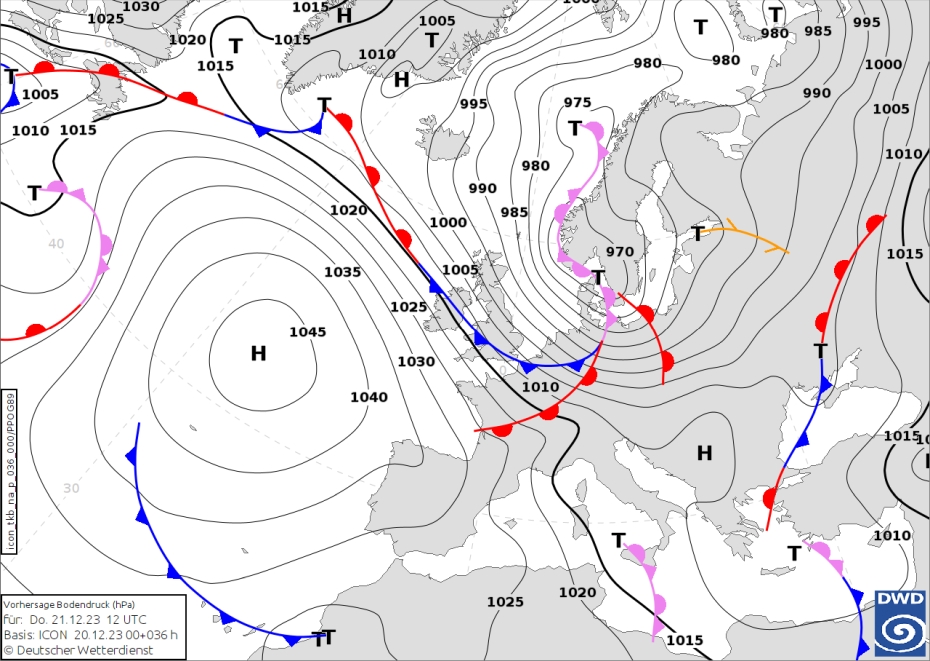 Prognozowana sytuacja baryczna w Europie w czwartek (21 grudnia 2023 r.). Źródło: DWD.