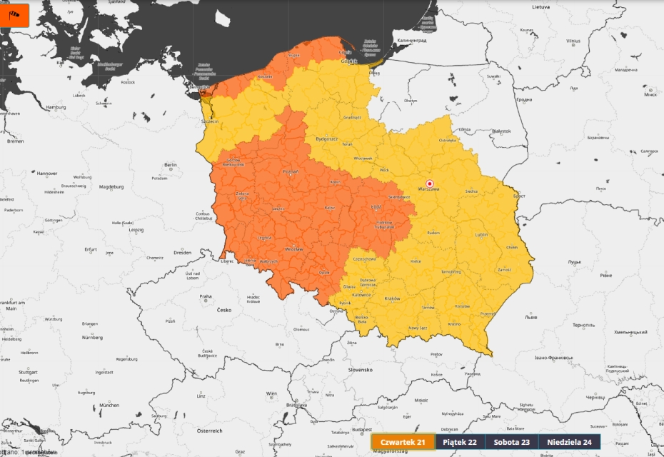 Prognoza zagrożeń meteorologicznych na czwartek 21.12.2023 r. Ostrzeżenie meteorologiczne 1. i 2. stopnia przed silnym wiatrem.