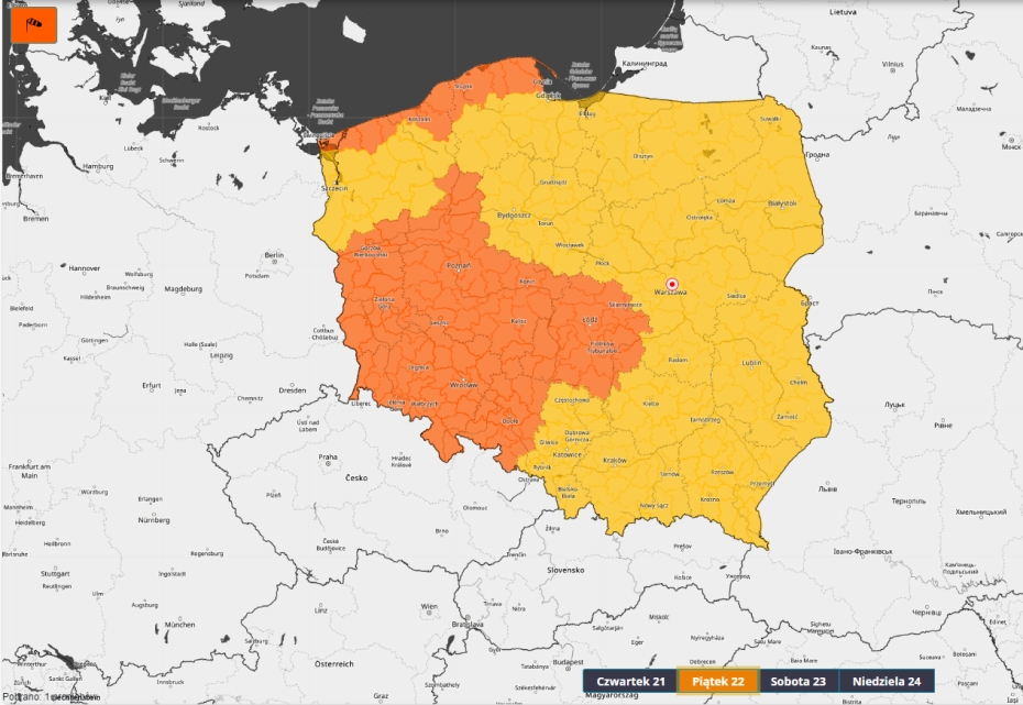 Prognoza zagrożeń meteorologicznych na piątek 22.12.2023 r. Ostrzeżenie meteorologiczne 1. i 2. stopnia przed silnym wiatrem.