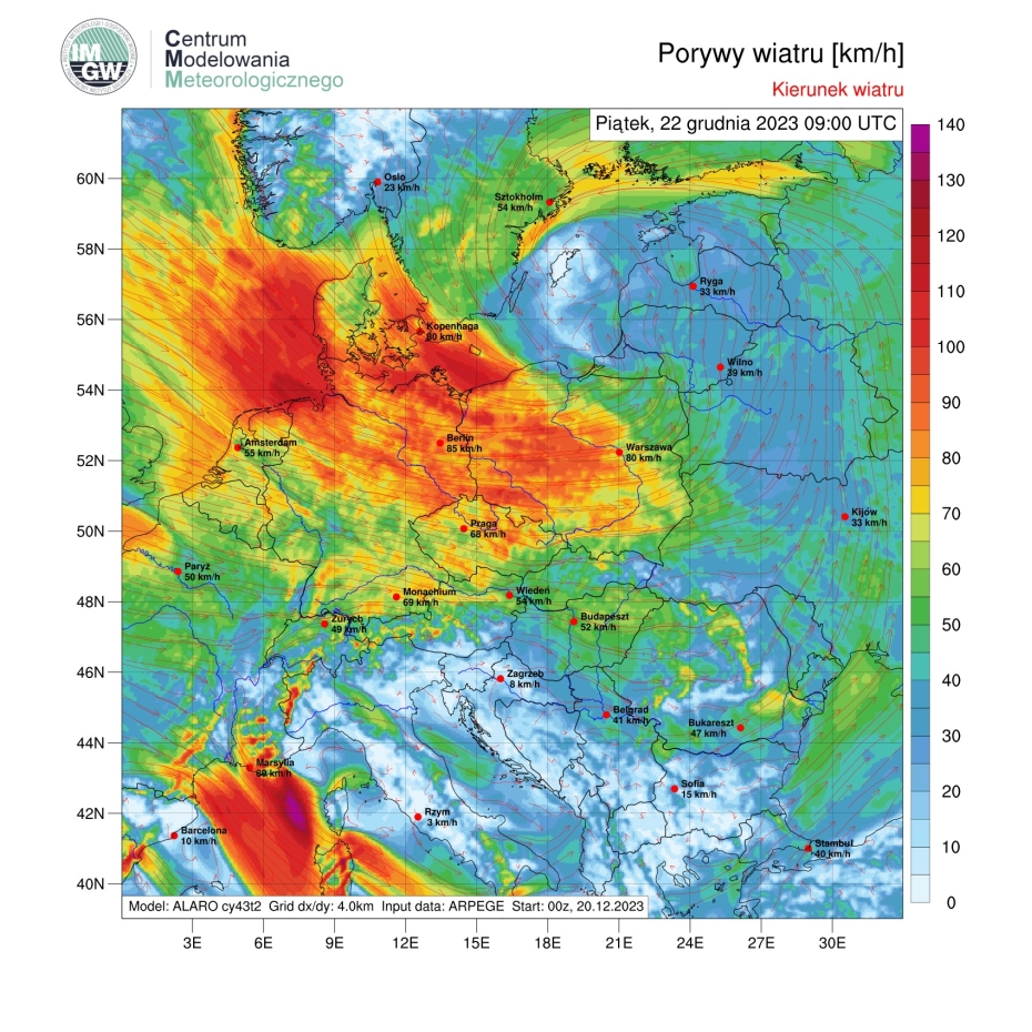 Porywy wiatru piątek 22 grudnia 2023 r., godz. 10:00.