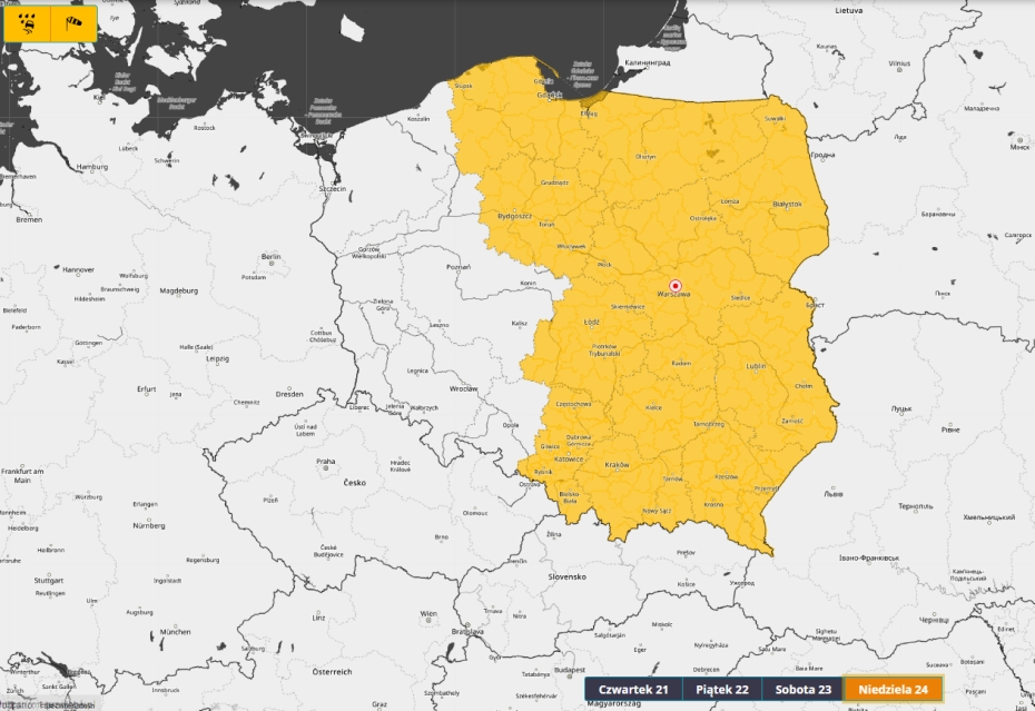 Prognoza zagrożeń meteorologicznych na niedzielę 24.12.2023 r. Ostrzeżenie meteorologiczne 1. stopnia przed silnym wiatrem i opadami marznącymi.