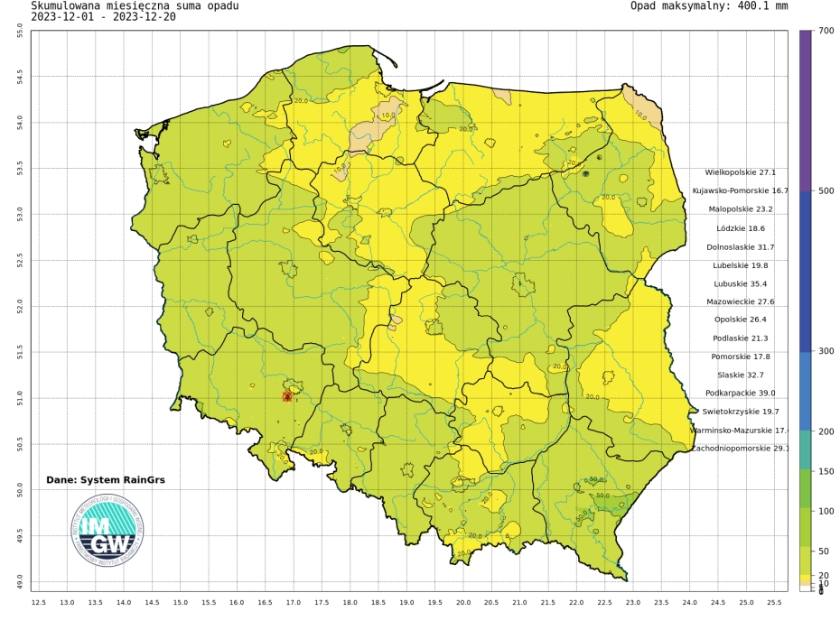 Suma skumulowanego opadu od początku grudnia 2023.