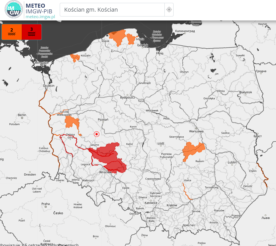 Ostrzeżenia hydrologiczne 2° (kolor pomarańczowy) i 3° (kolor czerwony) 28.12.2023 r.