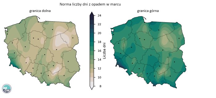 Rys. 10. Granice normy wieloletniej liczby dni z opadem w marcu