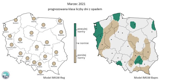 Rys. 11. Prognozowana klasa liczby dni z opadem w marcu 2021 r. według modelu IMGW-Reg i IMGW-Bayes