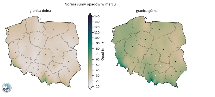 Rys. 6. Granice normy wieloletniej sumy opadów w marcu