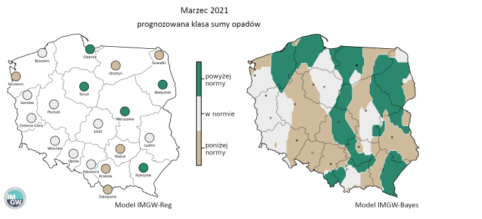 Rys. 7. Prognozowana klasa miesięcznej sumy opadów w marcu 2021 r. według modelu IMGW-Reg i IMGW-Bayes