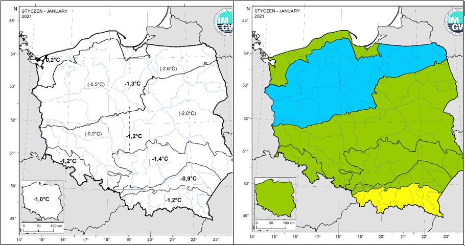 Mapa 1. Wartości średniej obszarowej temperatury powietrza oraz klasyfikacja termiczna w styczniu 2021 r. w poszczególnych regionach klimatycznych Polski