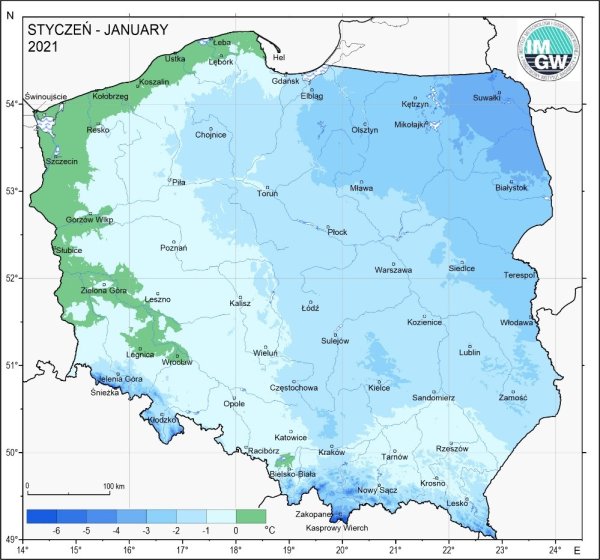 Mapa 2. Przestrzenny rozkład średniej miesięcznej temperatury powietrza w styczniu 2021 r.