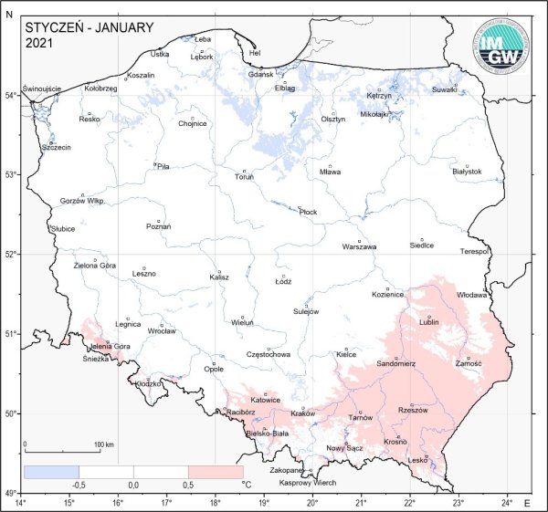 Mapa 3. Przestrzenny rozkład anomalii średniej miesięcznej temperatury powietrza w styczniu 2021 r. w stosunku do normy (tj. średniej miesięcznej wartości wieloletniej elementu w okresie 1991-2020)