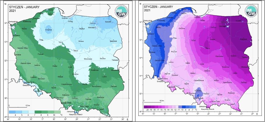 Mapa 4. Przestrzenny rozkład wartości kwantyla 95% maksymalnej temperatury powietrza i kwantyla 5% minimalnej temperatury powietrz w styczniu 2021 r.