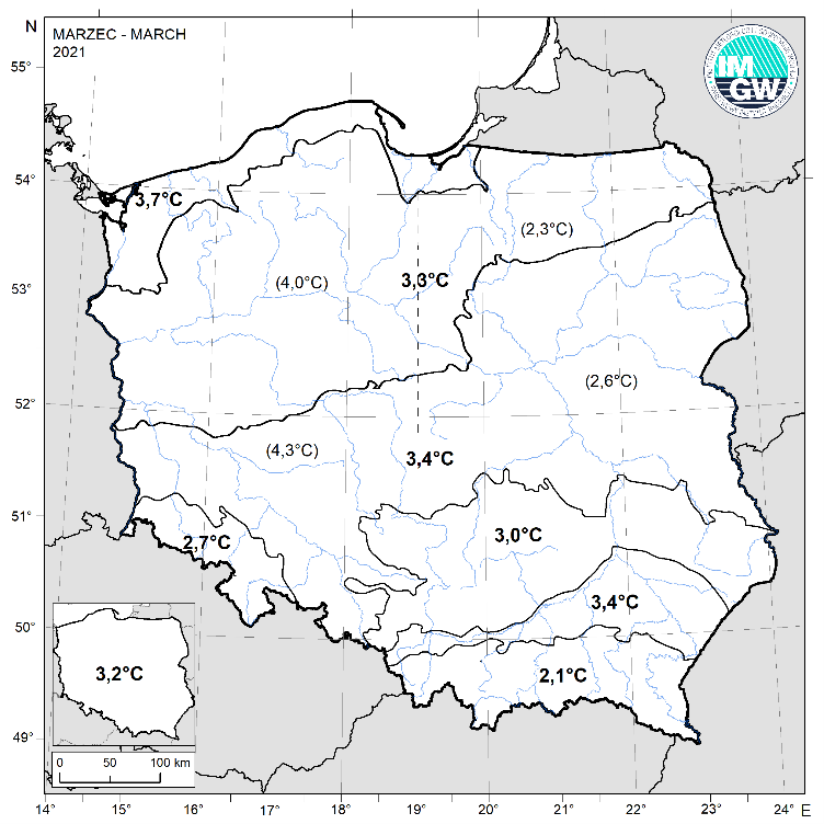 Wartości średniej obszarowej temperatury powietrza w matrcu 2021