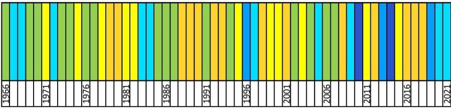 Klasyfikacja warunków pluwialnych w Polsce w maju, w okresie 1951-2021, na podstawie norm okresu normalnego 1991- 2020.