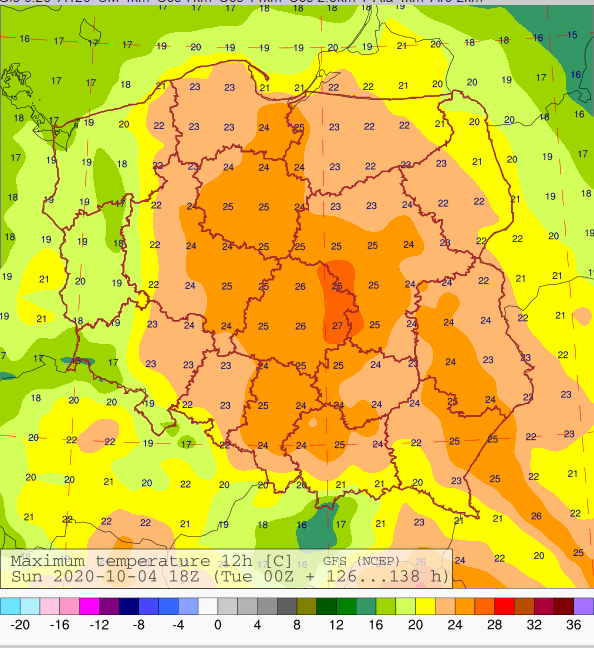 Mapa rozkładu temperatury maksymalnej dnia 4 października 2020 r. wg modelu GFS (NCEP).