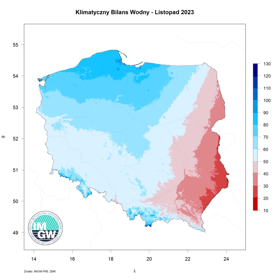 Przestrzenny rozkład klimatycznego bilansu wodnego w listopadzie 2023 r.