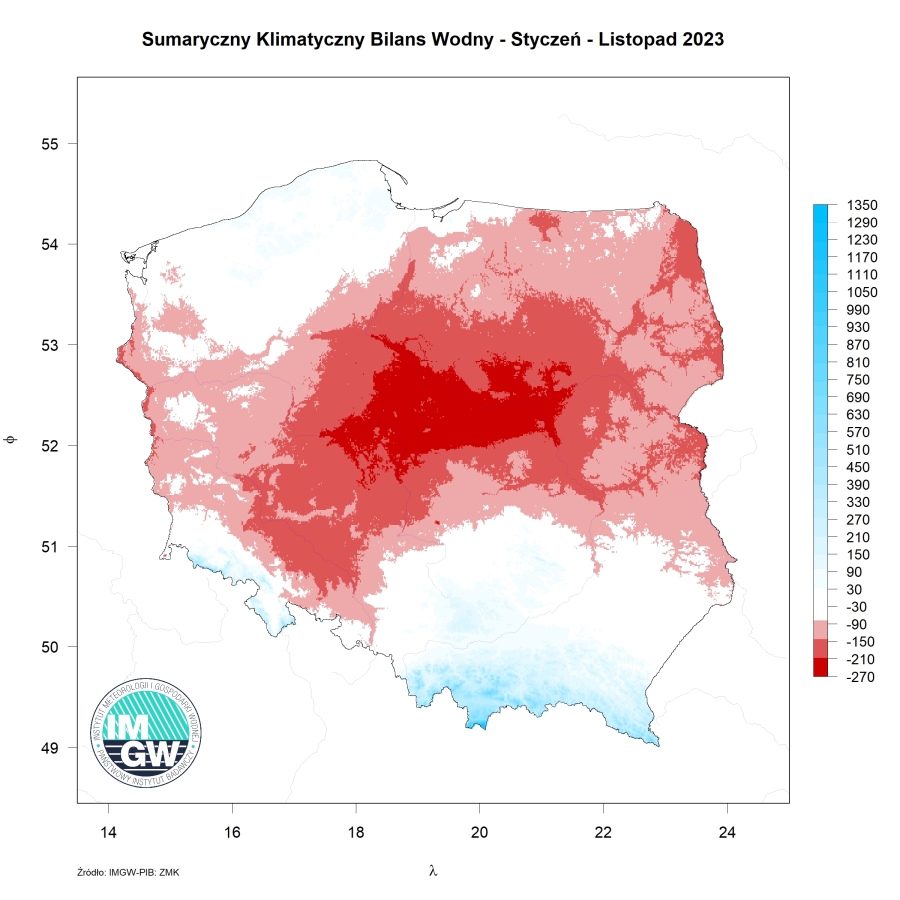 Przestrzenny rozkład klimatycznego bilansu wodnego w okresie styczeń-listopad 2023 r.