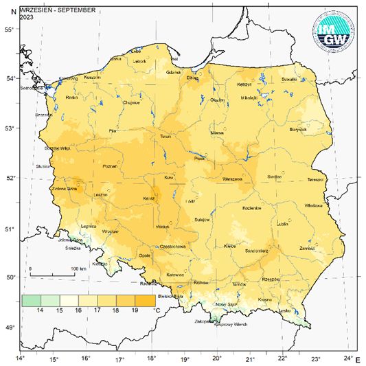 Przestrzenny rozkład średniej miesięcznej temperatury powietrza we wrześniu 2023 r.