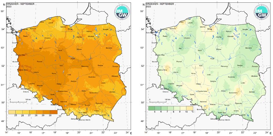 Przestrzenny rozkład wartości kwantyla 95% maksymalnej temperatury powietrza (po lewej) i kwantyla 5% minimalnej temperatury powietrza (po prawej) we wrześniu 2023 r.