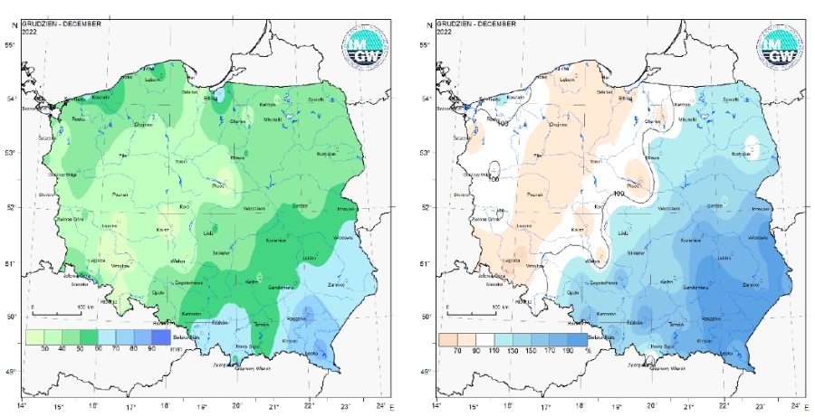 Przestrzenny rozkład miesięcznej sumy opadów w grudniu 2022 r. oraz przestrzenny rozkład anomalii sumy opadów w stosunku do normy (tj. średniej miesięcznej wartości wieloletniej elementu w okresie 1991-2020).