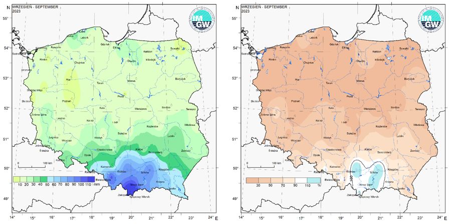 Przestrzenny rozkład miesięcznej sumy opadów we wrześniu 2023 r. oraz przestrzenny rozkład anomalii sumy opadów w stosunku do normy (tj. średniej miesięcznej wartości wieloletniej elementu w okresie 1991-2020).