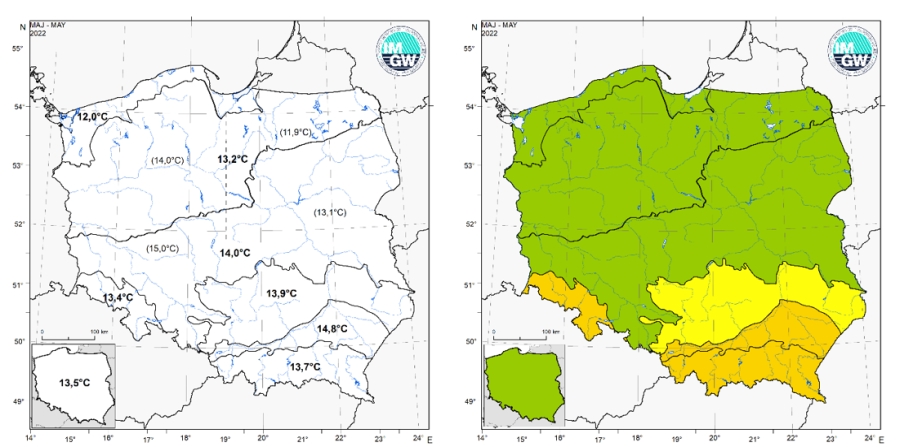 Wartości średniej obszarowej temperatury powietrza oraz klasyfikacja termiczna w maju 2022 r. w poszczególnych regionach klimatycznych Polski.