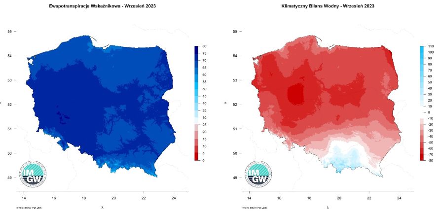 Przestrzenny rozkład sumy parowania potencjalnego oraz przestrzenny rozkład klimatycznego bilansu wodnego we wrześniu 2023 r.